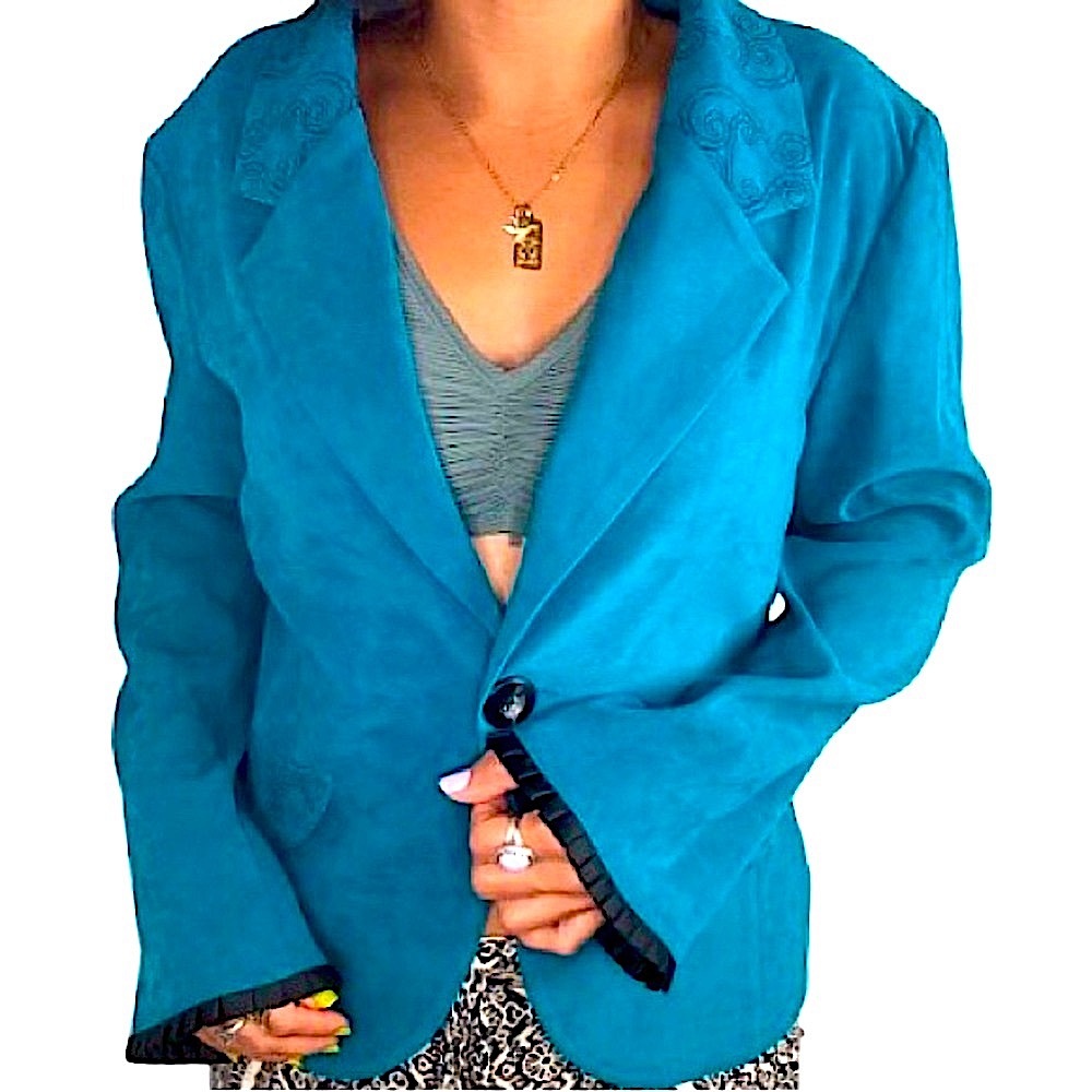 {courtenay} Vintage Turquoise Blazer, Embroidered Collar & Pockets, Ruffle Cuffs
